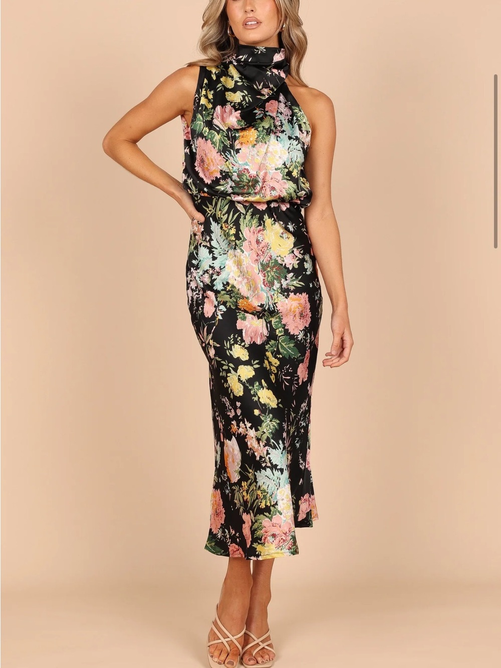 Petal & Pup Black Floral Halter Midi Dress